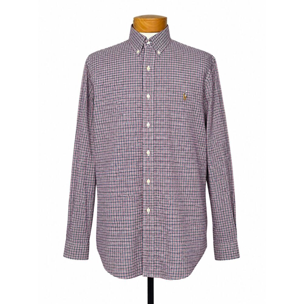 Polo Ralph Lauren Shirt Men XL Slim Fit Red Blue White Micro Plaid Oxford Cotton